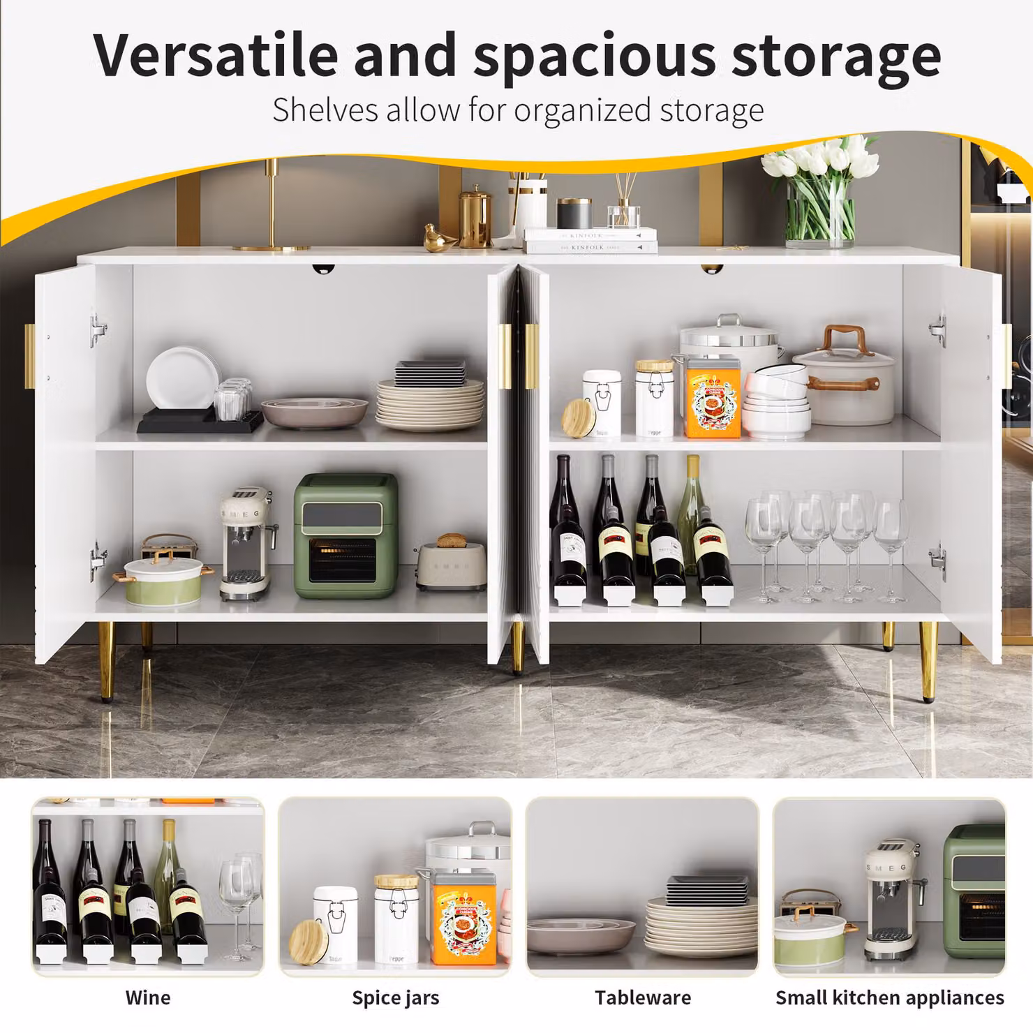 Aosom UK Wave Front Modern White Sideboard with 4 Doors, 2 Drawers and Gold Handles, W/D/H: 152 x 40 x 75 cm – 3