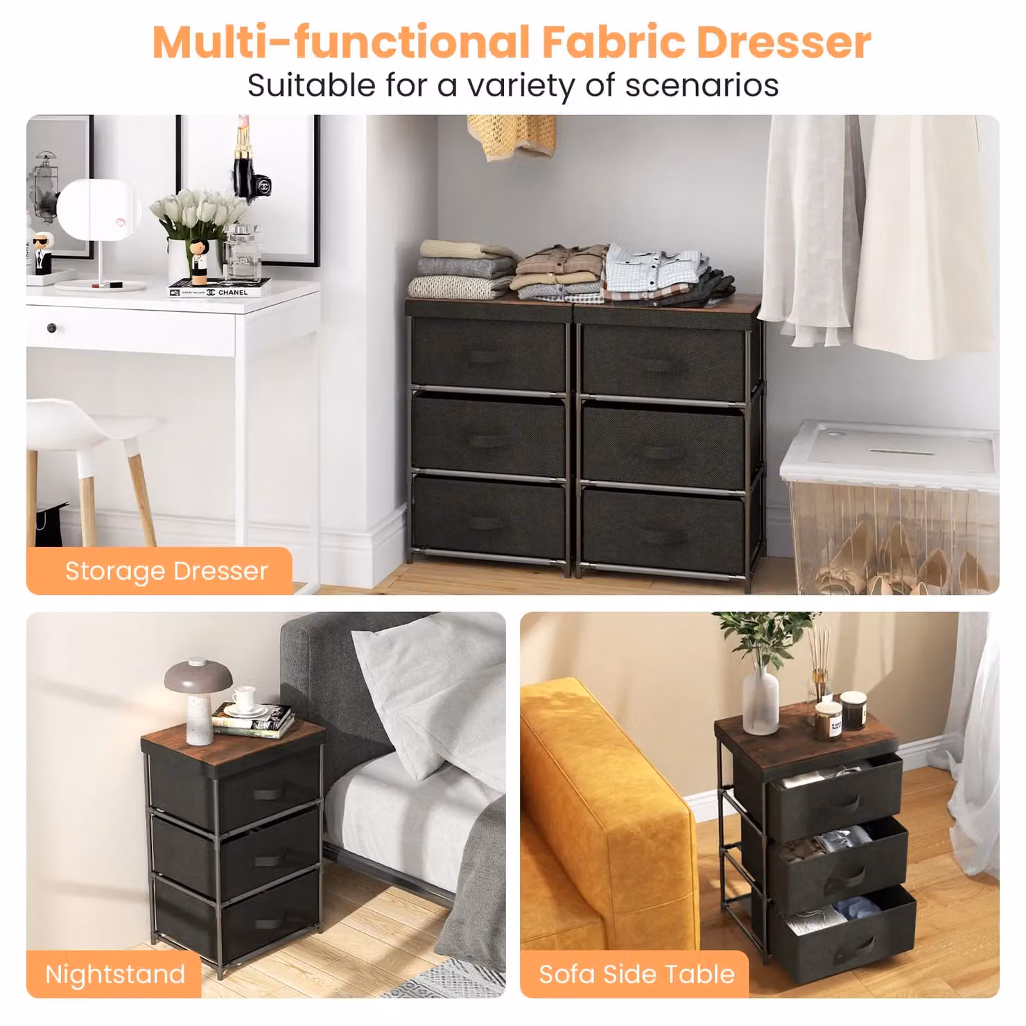 Costway 3-Tier Fabric Dresser and Nightstand Home Organiser Unit with 3 Drawers in Black – 4