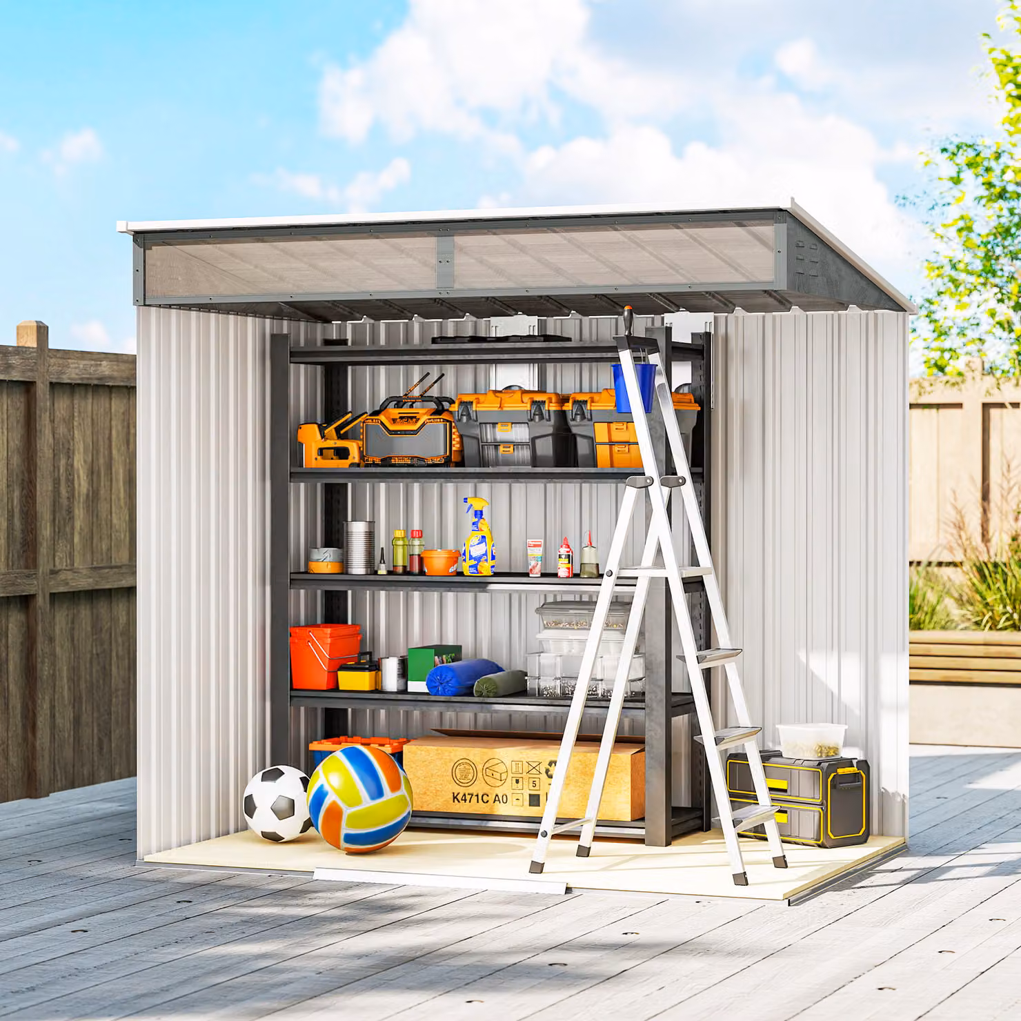 Outsunny Galvanised Metal Garden Shed with Foundation Kit, Lockable Tool Shed with Double Sliding Doors and Vents, Light Grey Wood Effect – 6