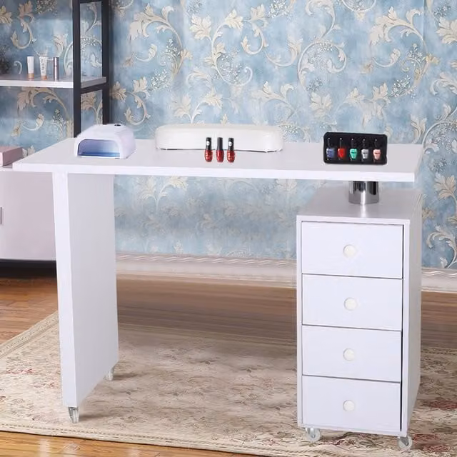 Livingandhome Modern White Wood Nail Table with 4 Drawers and Wheels