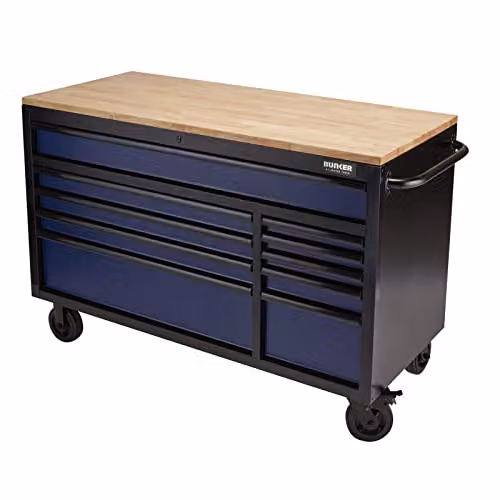 Draper 10 Drawer Blue Workbench Roller Tool Cabinet with Wood and Steel Worktop