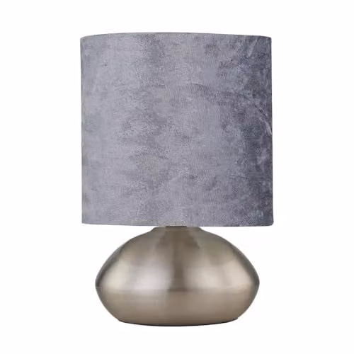 First Choice Lighting Jenson Touch Table Lamp with Grey Fabric Shade and Chrome Base – 1