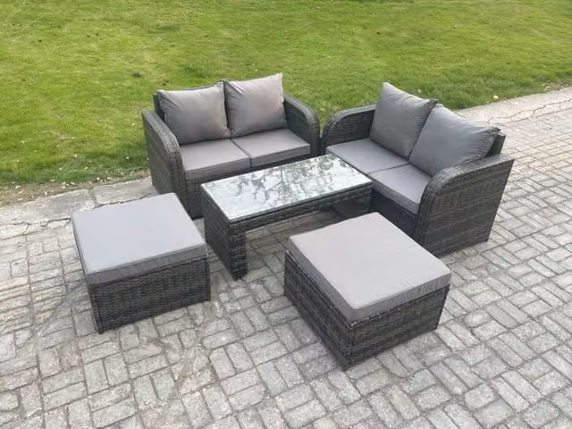 Fimous High Back Rattan Garden Furniture Set in Dark Grey with 2 Seater Sofa, Coffee Table and Ottoman