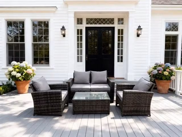 Fimous 4 Seater Grey Polyrattan Garden Furniture Set with High Back Sofa, Armchairs and Rectangular Coffee Table – 1