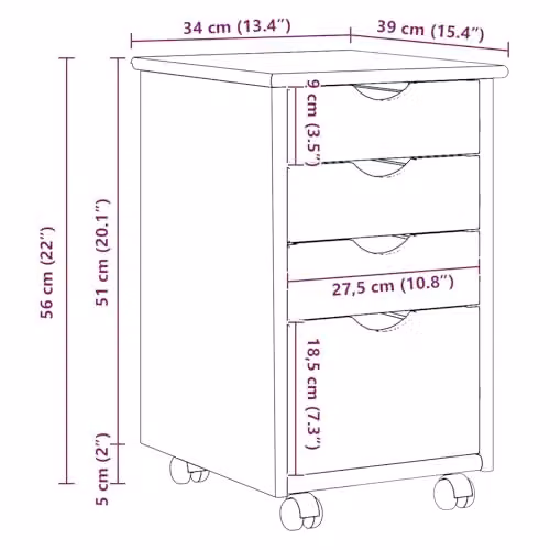 vidaXL Rolling Cabinet in Grey Solid Pine Wood, W/D/H: 34 x 39 x 56 cm – 3
