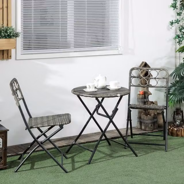 Outsunny 3 Piece Grey Rattan Wicker Bistro Set