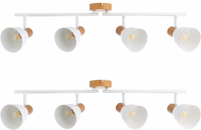 First Choice Lighting Lorel Set of 2 4-Way Ceiling Spotlights in White and Wood Detail, Adjustable and Dimmable