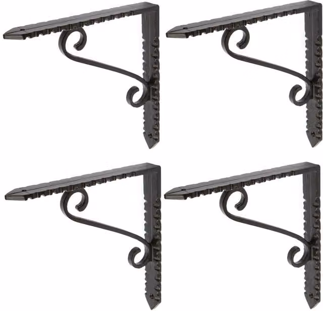 Hammer and Tongs Notched Scroll Iron Shelf Bracket, Matt Black, Pack of 4, Diameter: 15 cm