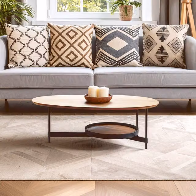 Orsina Walnut-Effect Oblong Coffee Table with Black Metal Base and Lower Display Shelf in Natural – 1