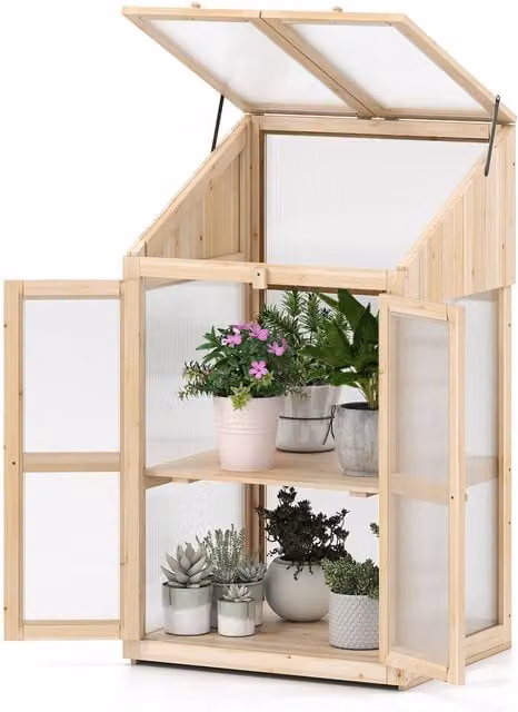 Costway Wooden Portable Cold Frame Greenhouse and Raised Flower Planter in Natural Brown – 1