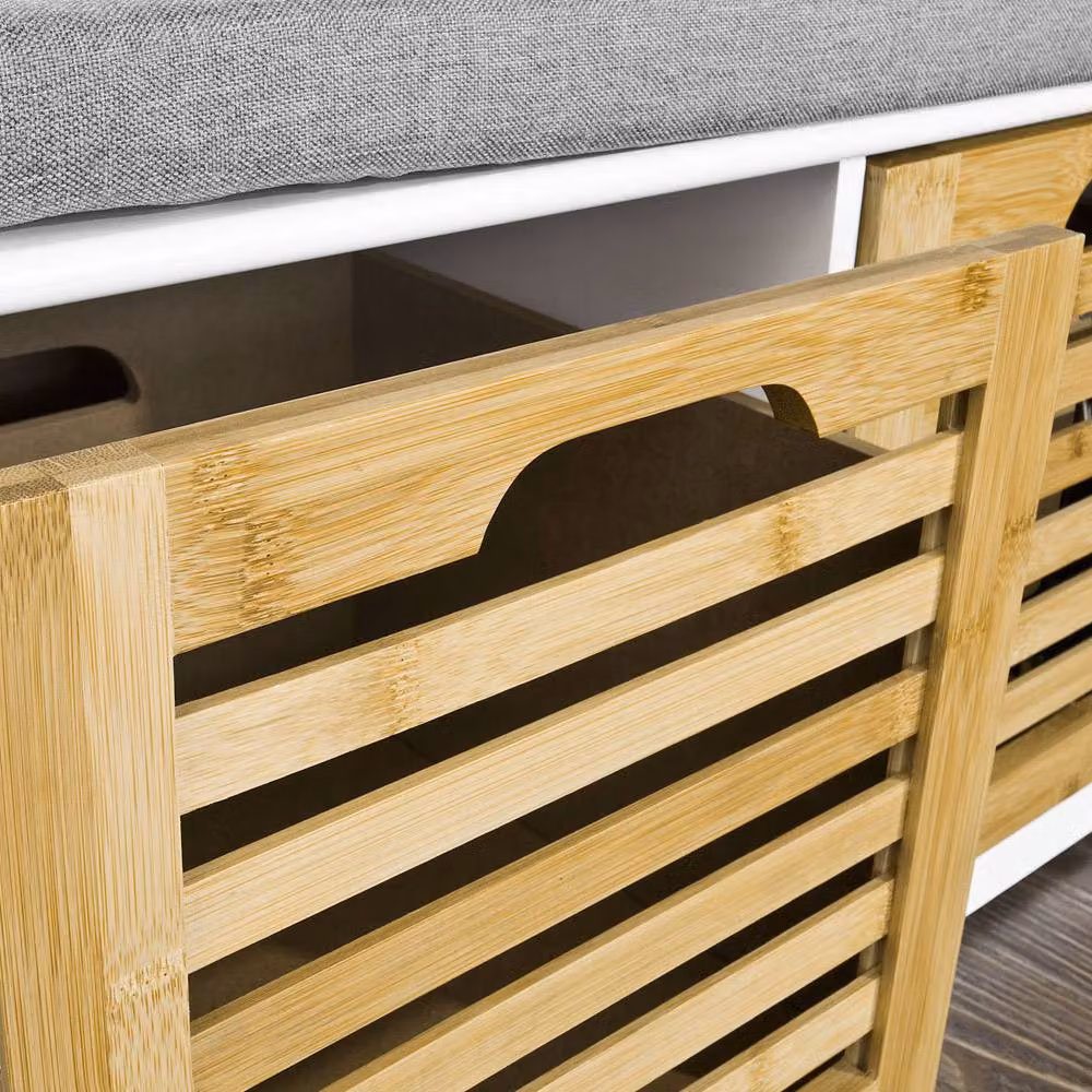 SoBuy Scandinavian Style Slim Entrance Bench with 3-Compartment Storage in White and Grey – 5