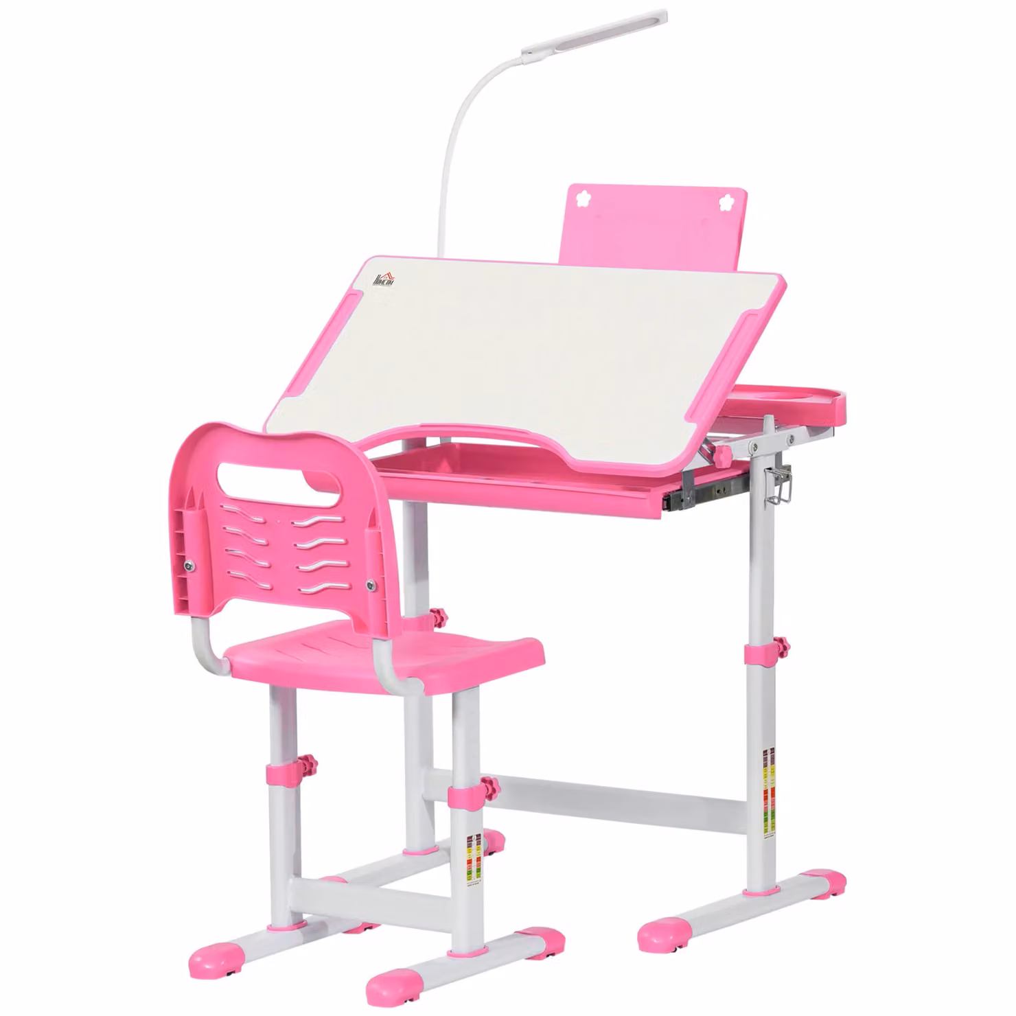 HOMCOM Height Adjustable Kids Study Desk and Chair Set with USB Lamp, Pink – 2