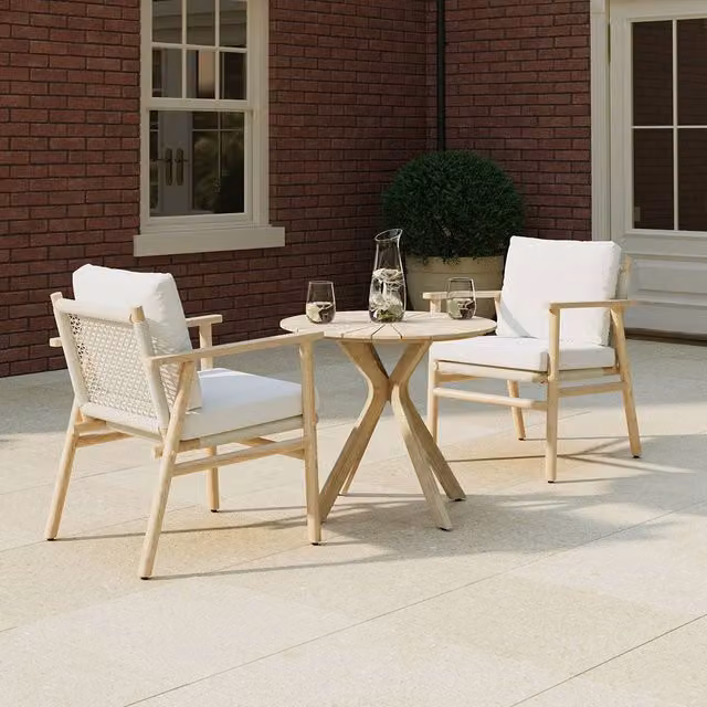 Charles Bentley FSC Acacia and Weave 2 Seater Outdoor Bistro Set with Round Coffee Table and Cream Cushions in Natural Finish – 1
