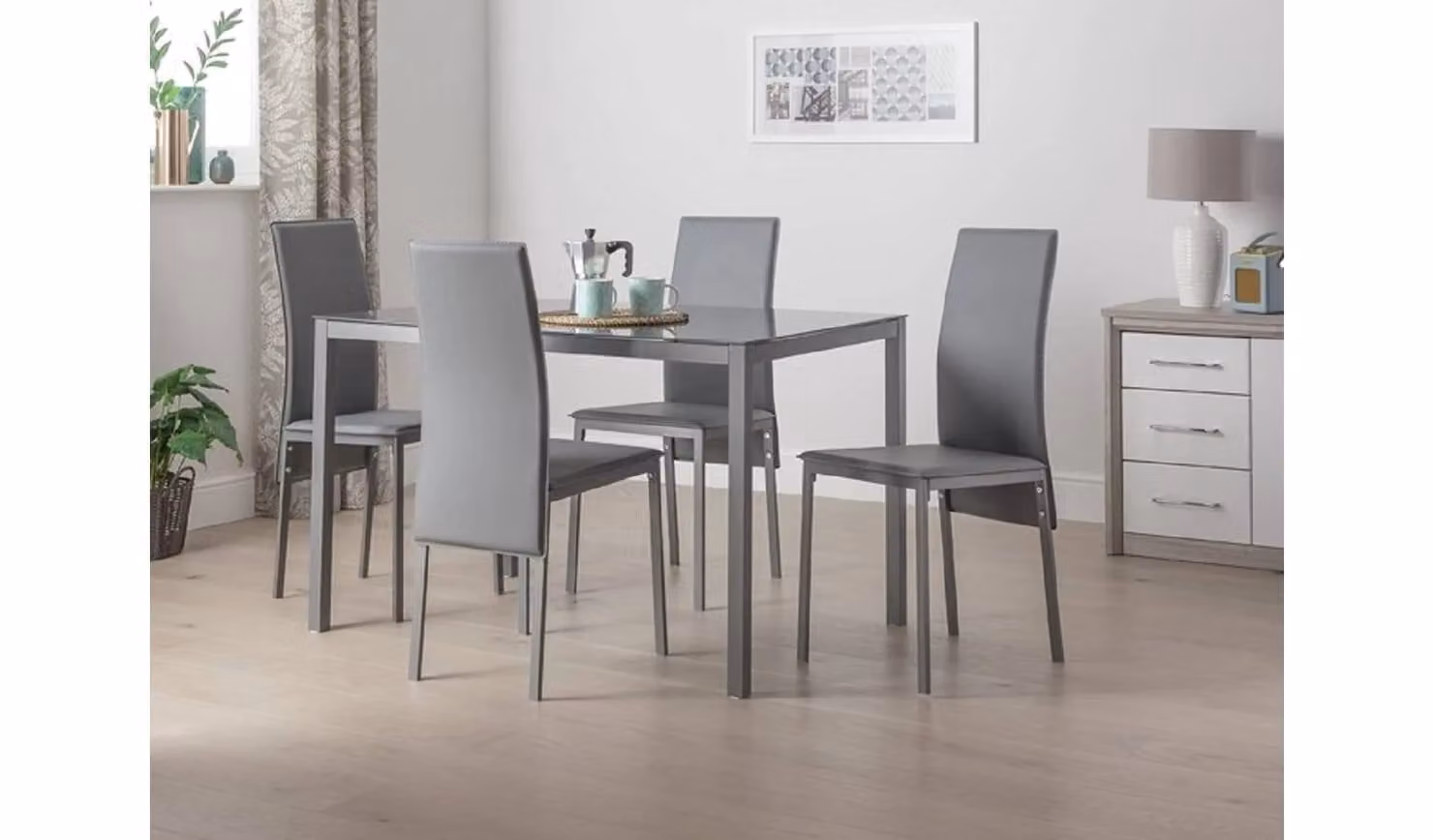 Lido Grey Modern Dining Table and 4 Chairs Set with Glossy Glass Top and Metal Legs
