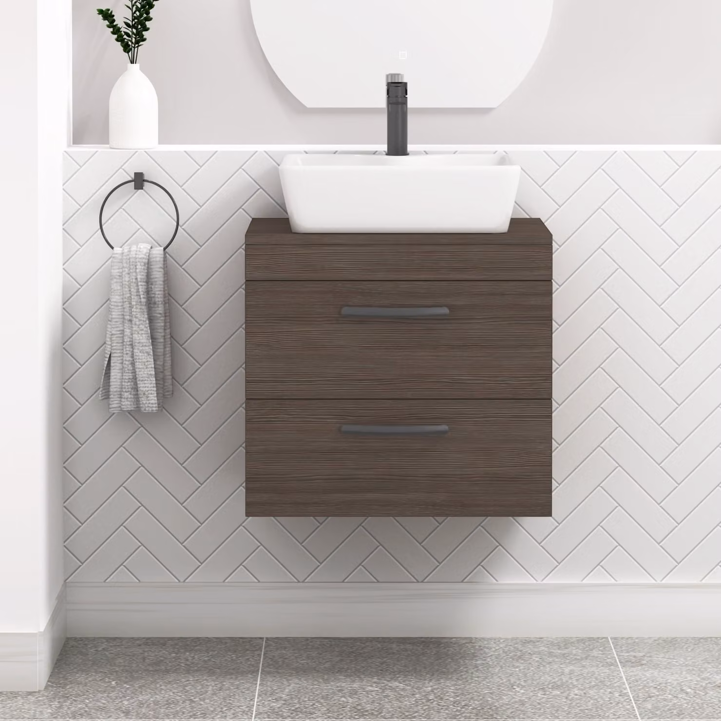 Royal Bathrooms Grey Elm 600mm Wall Hung 2 Drawer Vanity Unit with Cube Countertop Basin and Matt Black Handles