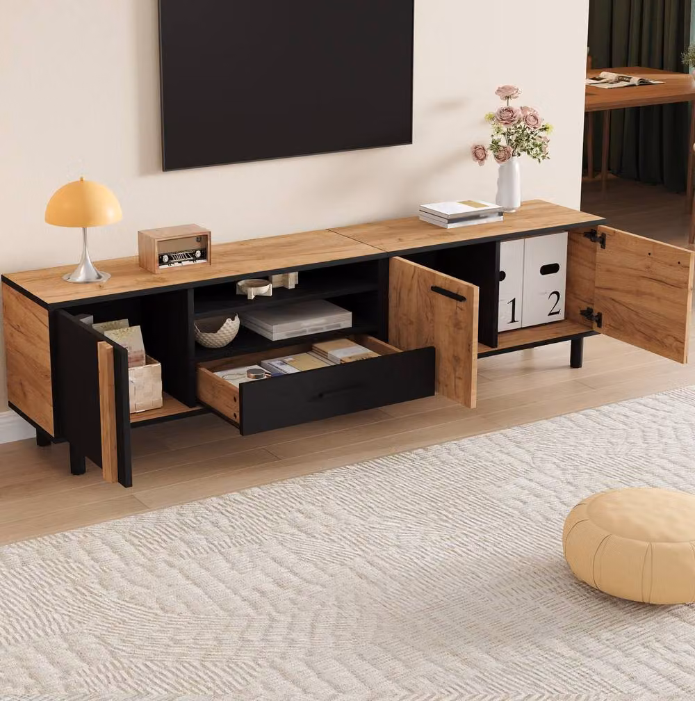 STILVORA Modern Geometric TV Stand with 3 Doors and 1 Drawer in Black Matt, Width: 180 cm – 2