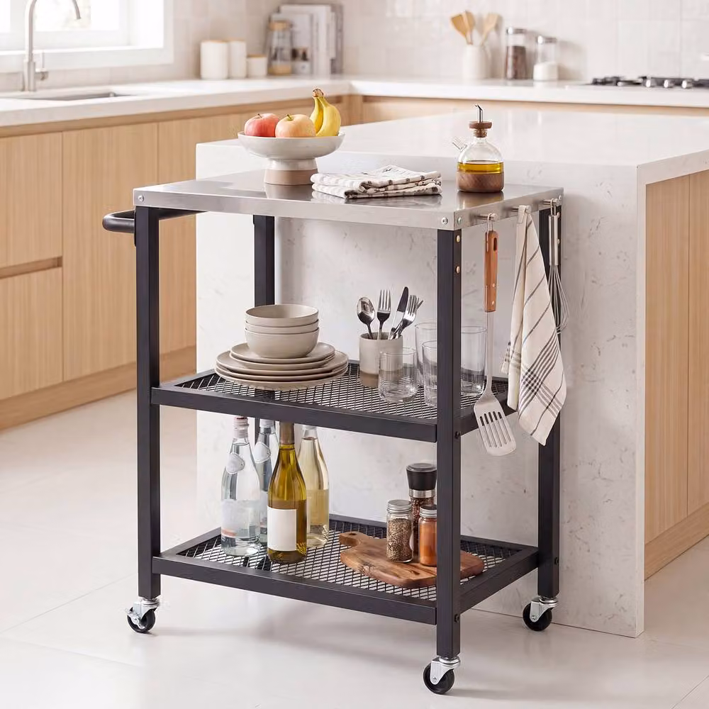 Costway 3-Tier Rolling Metal Kitchen and Garden Utility Cart with 6 Hanging Posts in Black – 4