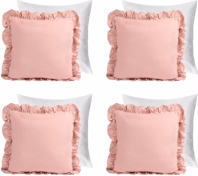 Pack of 4 Plain Pink Linen and Polyester Frill Filled Square Cushions