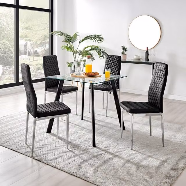FurnitureboxUK Seattle Square Glass Dining Table with 4 Milan Chrome Leg Chairs in Black and Transparent