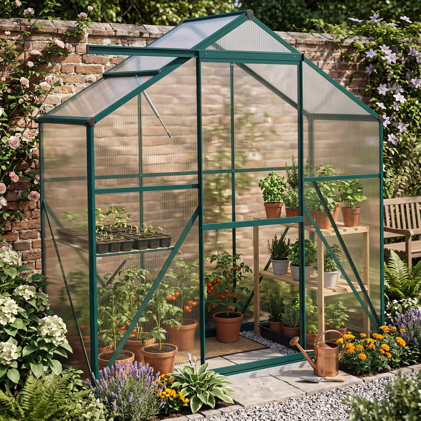 Outsunny Green Polycarbonate Walk-In Greenhouse with Sliding Door, Window, Rain Gutter and Foundation, W/D/H: 182.88 x 70.0 x 200.0 cm – 2