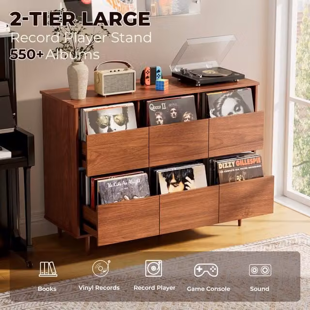 BROTTAR Mid-Century Large Record Player Stand in Brown with Media Compartments