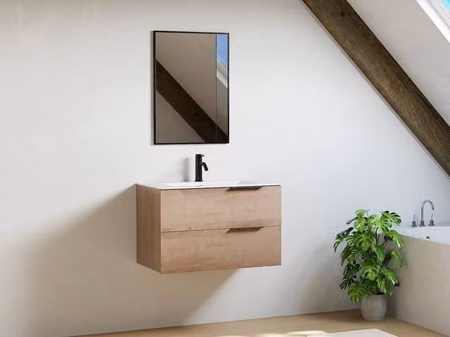 Vente-unique Wall-Hung Bathroom Vanity Unit With Inset Basin in Light Natural Oak, W: 80 cm, D: 50 cm, H: 46 cm