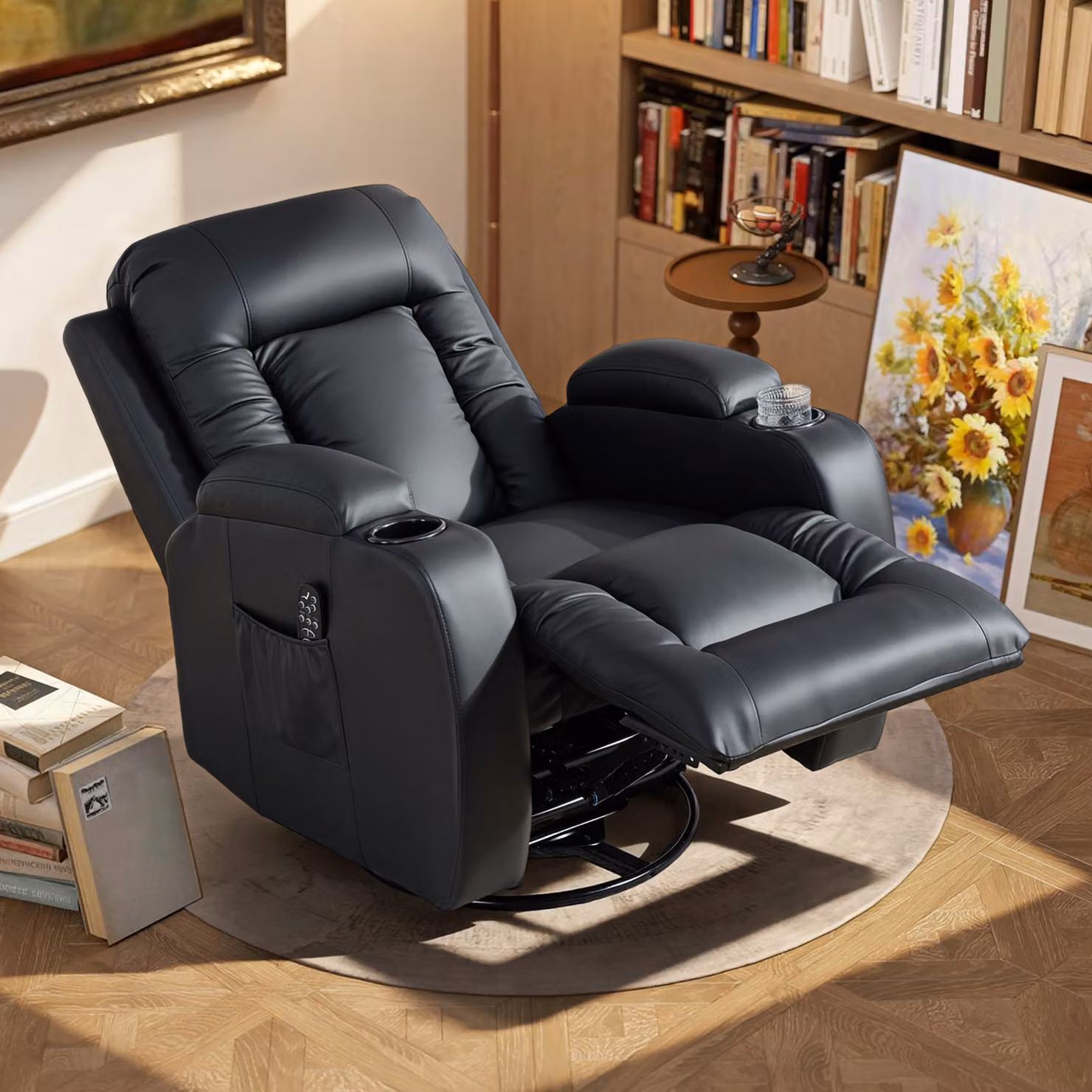 HOMCOM Black PU Leather Recliner Armchair with Extended Footrest, Cup Holders and Side Pockets – 8