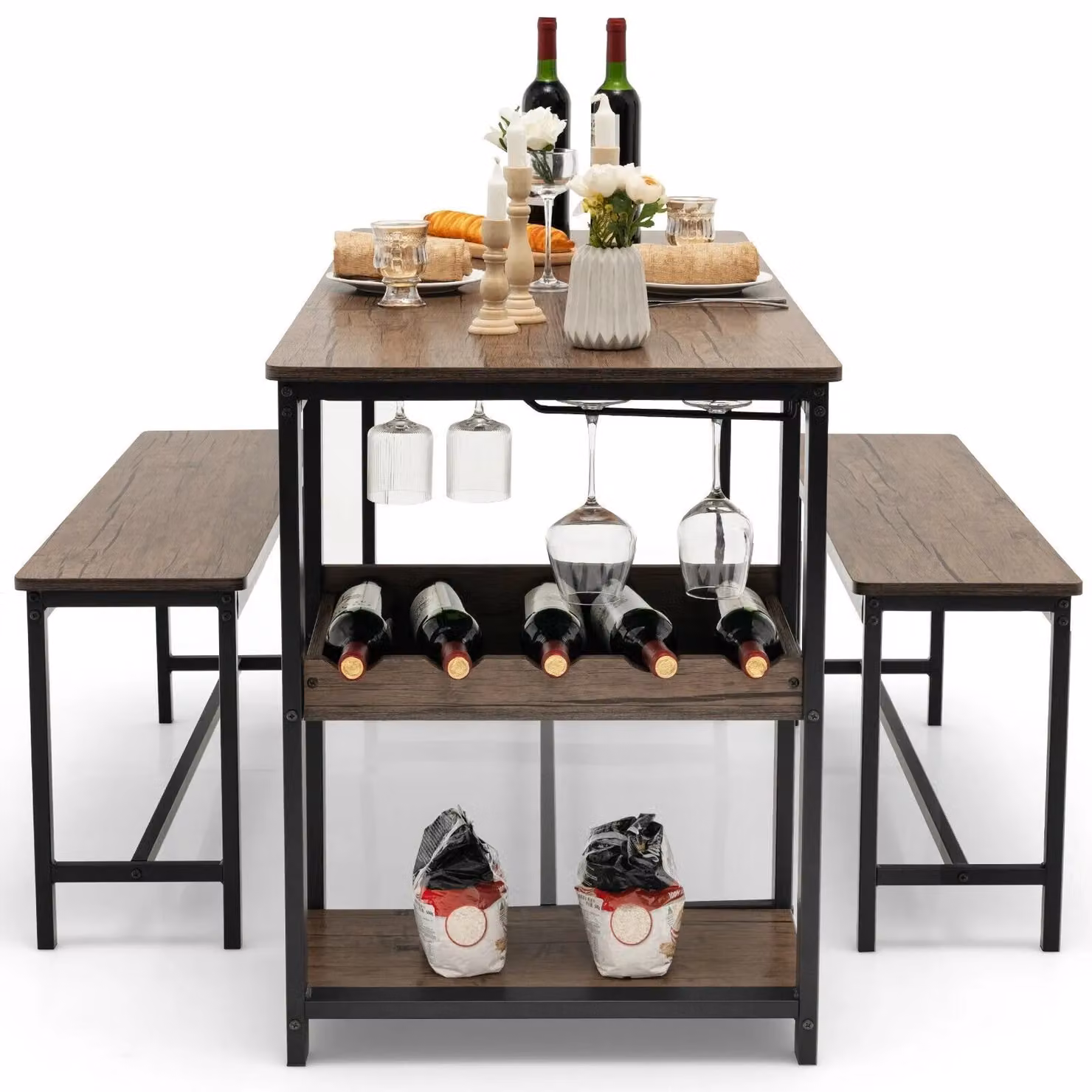 Gymax 3-Piece Industrial Dining Set with Rectangular Table, 2 Benches, Storage Shelf and Wine Rack in Brown – 4