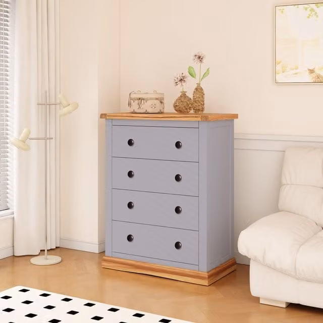 Cabinet Bits Biccari 4 Drawer Petite Chest of Drawers in Grey with Gold Brass Knobs – 1
