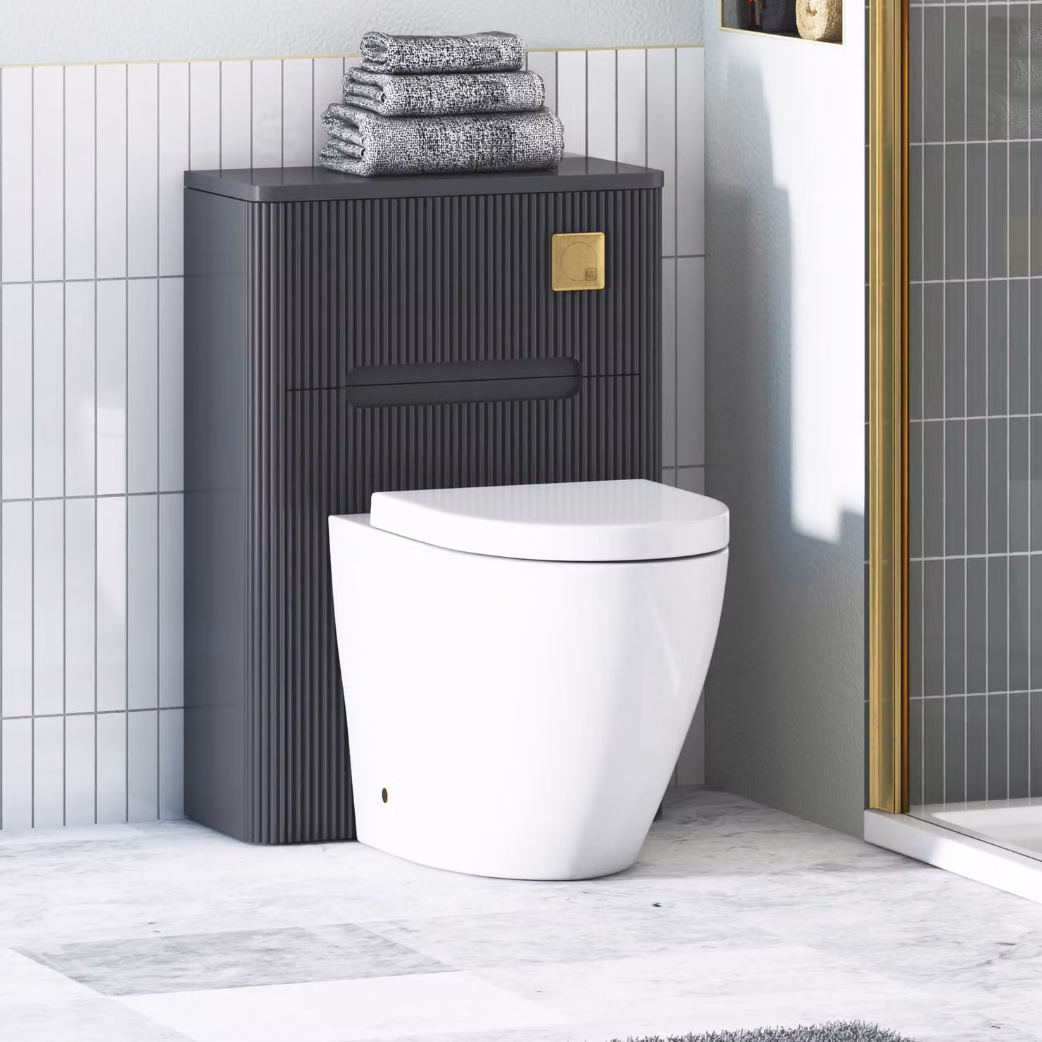 Avenza Matt Obsidian Black BTW Wall Mounted WC Unit with Elva Rimless Ceramic Toilet Pan, Seat and Cistern, Width: 55 cm