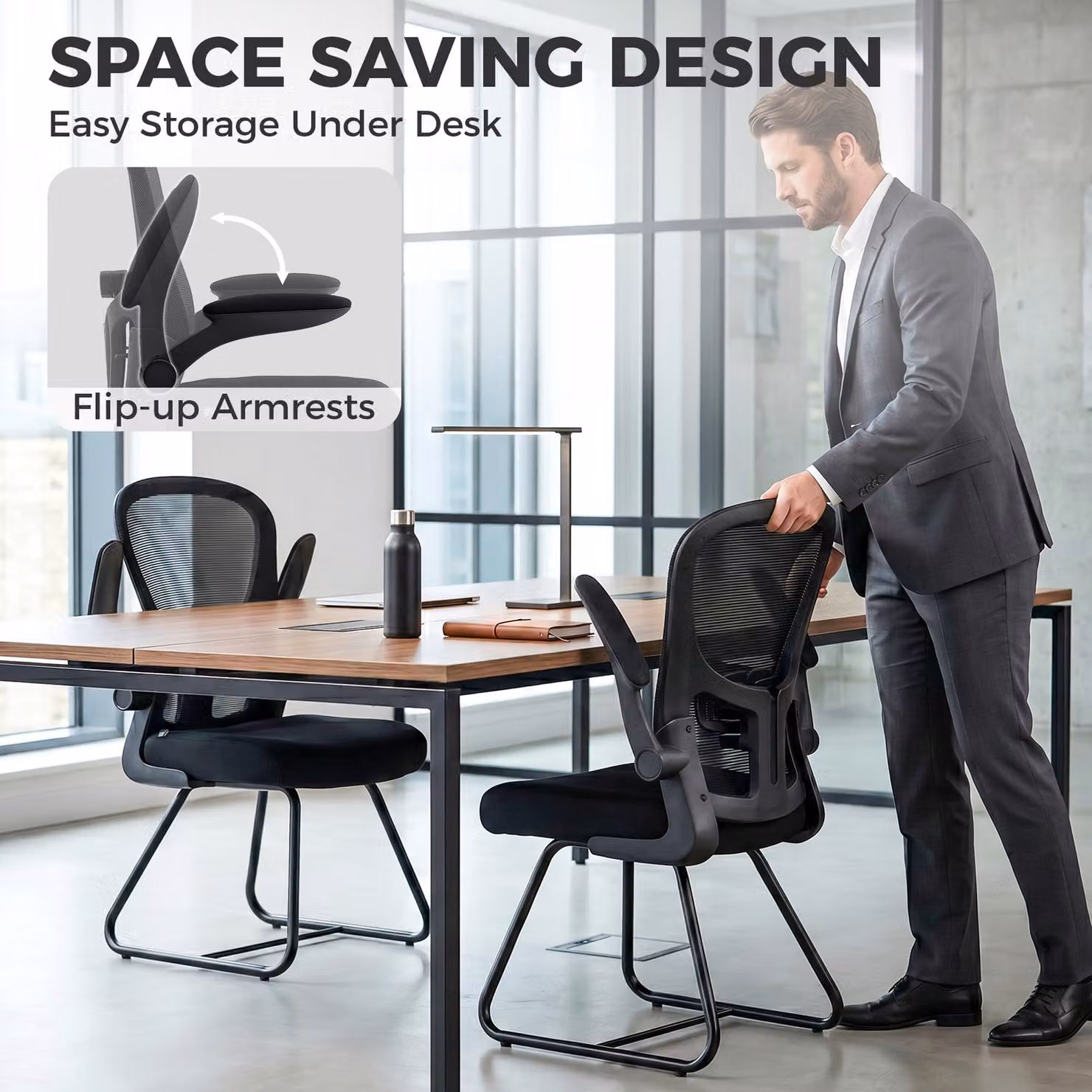 HOMCOM Black Fabric Reception Chair with Flip-up Armrests, Mesh Backrest, Lumbar Support and Metal Base – 4