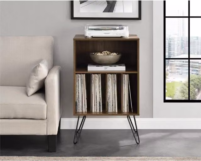 Dorel Home Industrial Turntable Stand with 2 Drawers in Matt Walnut