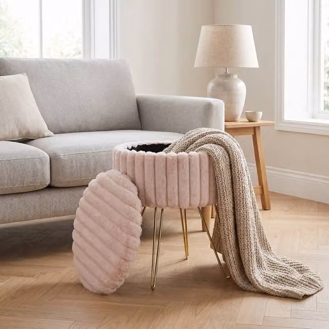 GAVENO CAVAILIA Ribbed Hairpin Storage Stool in Pink with Removable Fabric Cover