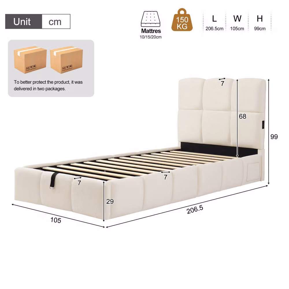 ModernLuxe Kids Single Ottoman Bed with Upholstered Velvet Headboard and USB Charging Port, Beige, W/D/H: 90 x 190 x 105 cm – 2