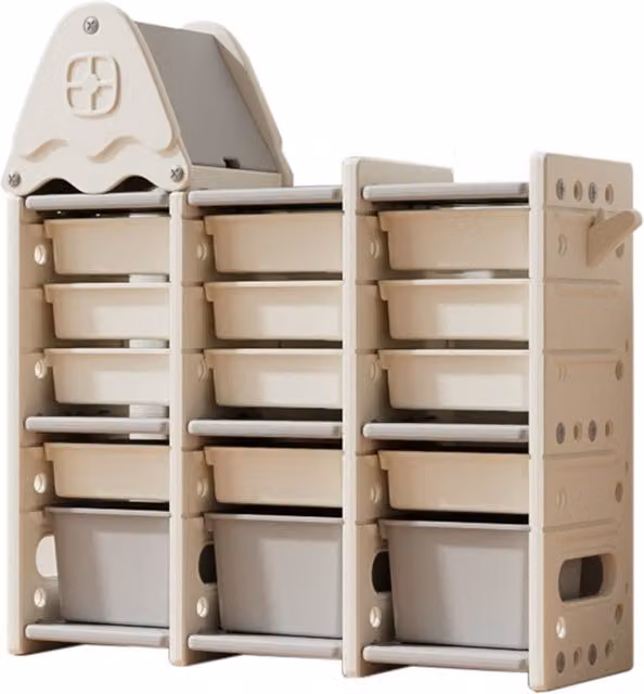 Livingandhome 5 Tier Plastic Toy Storage Organizer with 15 Pull-Out Bins and Roof Top in Grey and White
