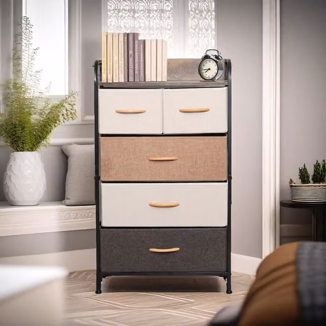 Furnold 5 Fabric Drawer Bedroom Dresser in Brown and White