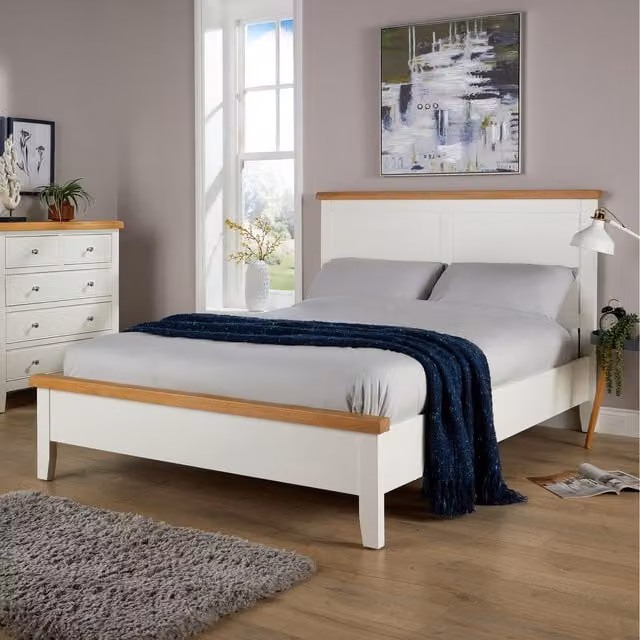 Home Source Easton Double Wooden Bed in White and Oak with Solid Wood Frame and Slats, 140 x 200 cm