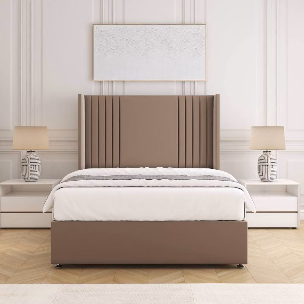 BSSPOKE Cheshire King Divan Bed with 54 inch Plush Headboard, 2 Drawers, Footend and Mattress in Bronze Velvet Fabric, W/D/H: 180 x 200 cm