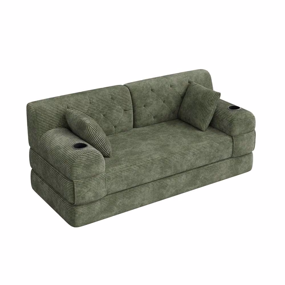 Matteo Green Corduroy 2-Seater Sleeper Sofa with Cup Holders and Metal Frame – 5