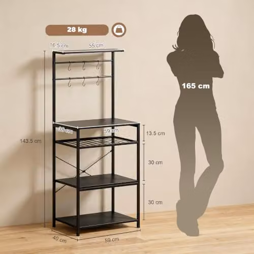 HOMCOM Freestanding Kitchen Baker's Rack with Wine Rack and Integrated Lighting, Black, W/D/H: 59 x 40 x 143.5 cm – 5