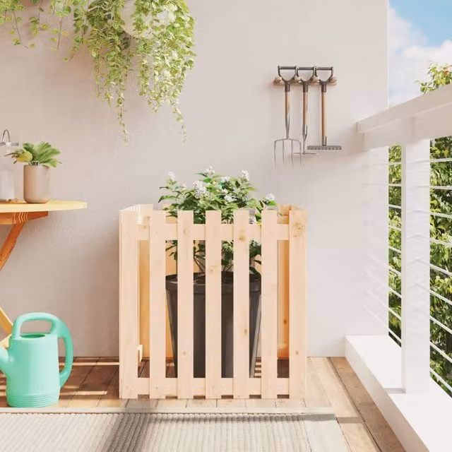 Berkfield Home Garden Planter with Fence Design in Brown, Solid Wood and Plastic, W/D/H: 70 x 70 x 70 cm
