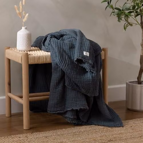 Riva Home Yard Lark Cotton Muslin Throw with Fringes in Blue, W: 240 cm, D: 260 cm – 5