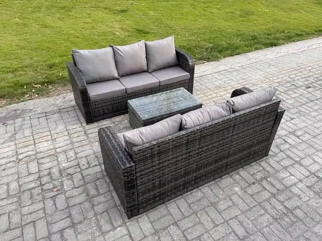 Fimous 6 Seater Rattan Garden Furniture Set in Dark Grey with 3 Seater Sofa, Ottoman and Rectangular Coffee Table