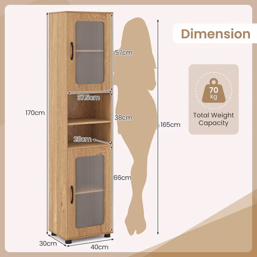 Gymax Modern Freestanding Tall Bathroom Storage Cabinet with Glass Doors and Internal Shelves in Brown Wood Finish – 2