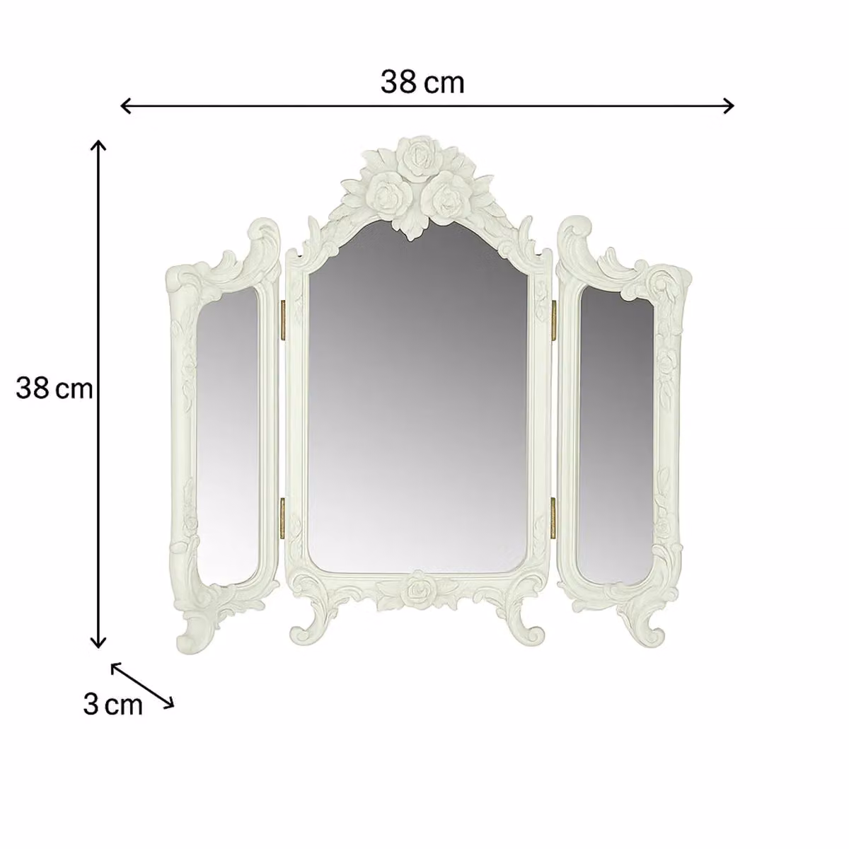 Melody Maison Shabby Chic Floral Triple Tabletop Mirror in Cream and White, W/D/H: 38 x 38 x 38 cm – 2