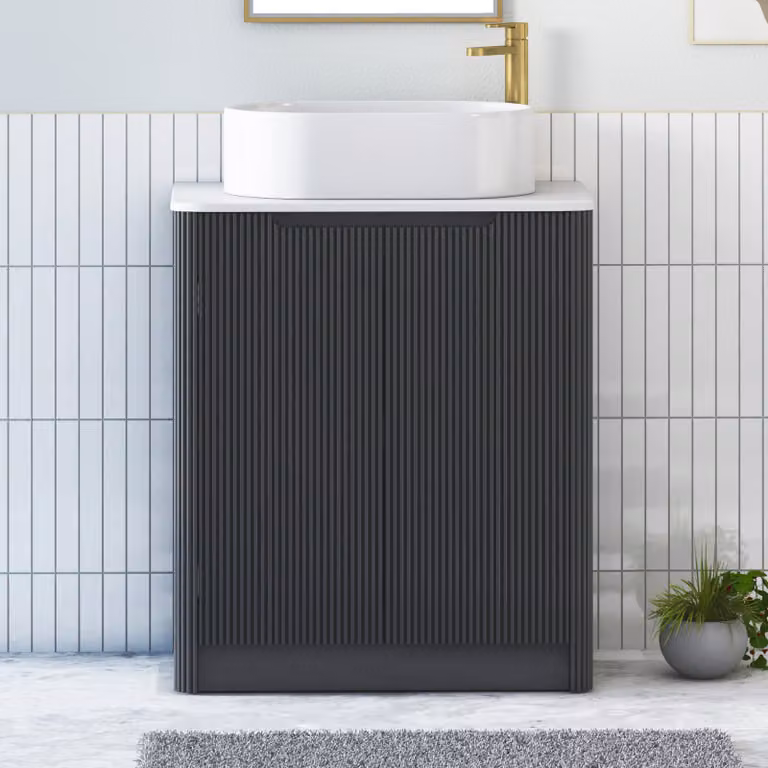 Royal Bathrooms Avenza 600mm Matt Obsidian Black Floor Standing 2 Door Vanity Unit with Plain White Worktop and Peak Basin