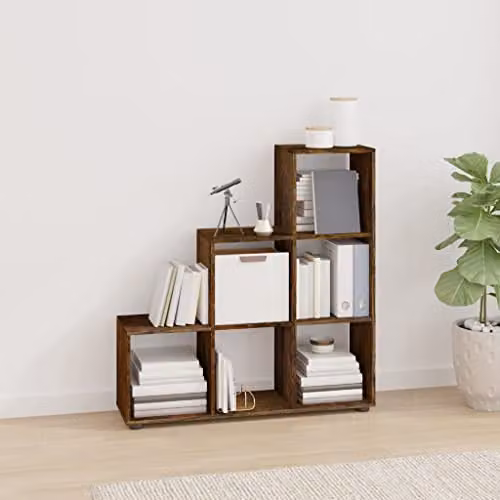 vidaXL Staircase Bookcase in Smoked Oak, Modern Freestanding Open-Back Shelving Unit, Height: 107 cm – 2