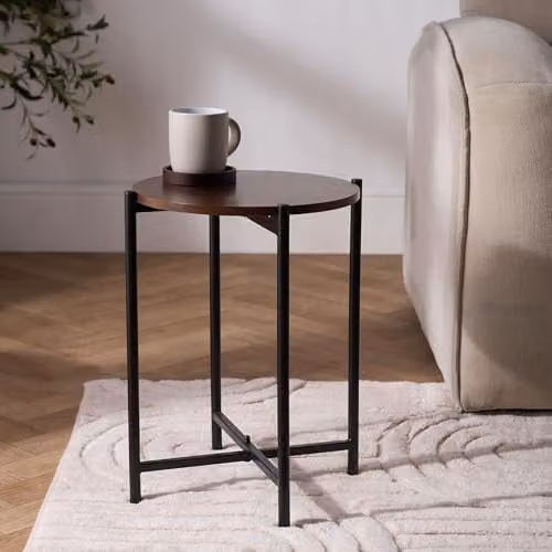 OHS Round Brown Wood and Metal Side Table for Living Room or Bedroom, W: 35.0 cm, D: 35.0 cm, H: 45.0 cm