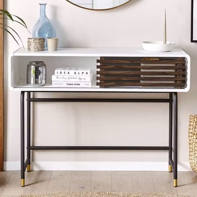 Wyld and Coco Rustic White Console Table with Slatted Sliding Door W/D/H: 104 x 40 x 80 cm – 1