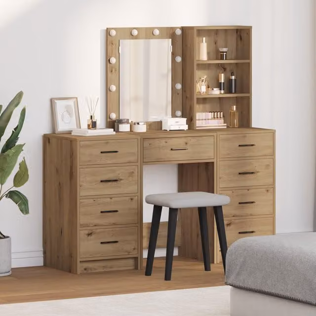Berkfield Home 3-Piece Hollywood LED Dressing Table Set in Artisan Oak Brown
